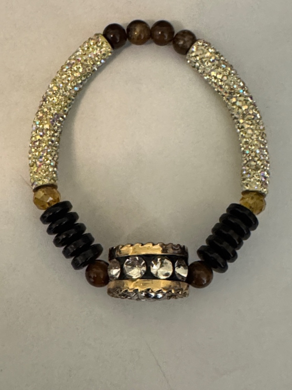 Gold and Brown Crystal Stretch Bracelet with Sparkling Center